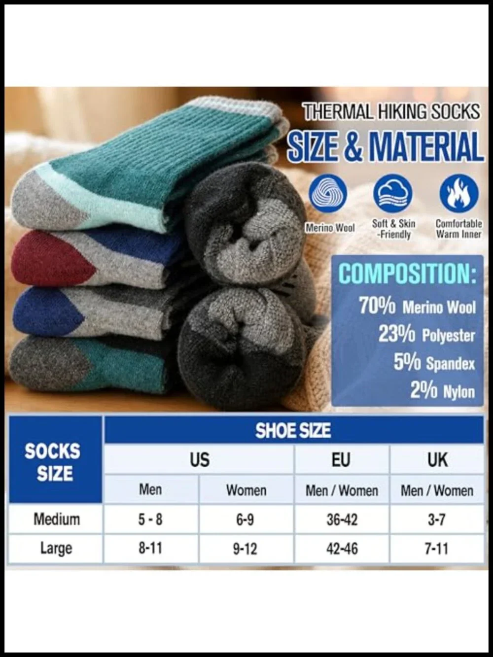 Merino Wool Hiking Socks 5 Pairs Thermal Cushioned Moisture Wicking Women Men